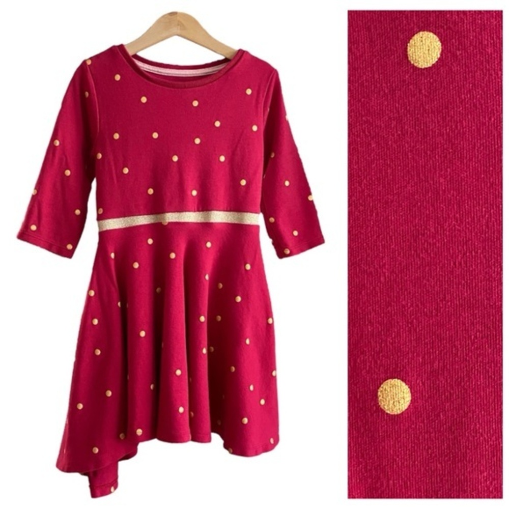 Mini Boden Red Gold Dot Long Sleeve Asymmetrical Dress 5t